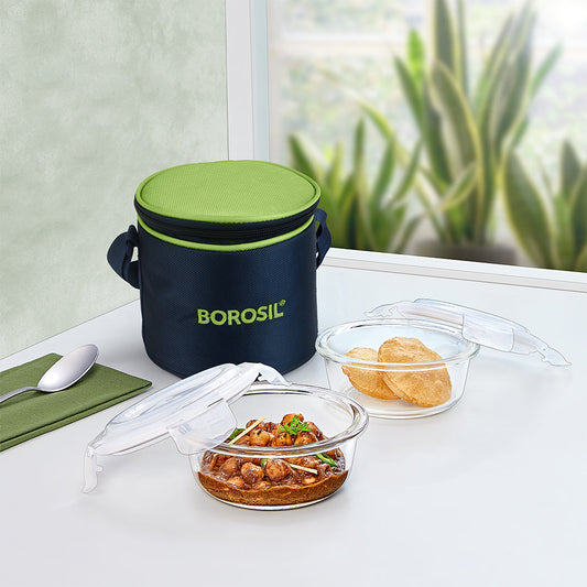 Alfa Green Glass Lunch Box, Round x 2 (Tall)