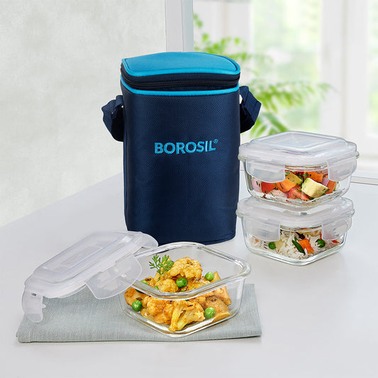 Alfa Blue Glass Lunch Box, Square x 3 (Tall)