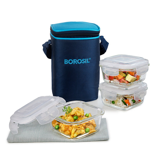 Alfa Blue Glass Lunch Box, Square x 3 (Tall)