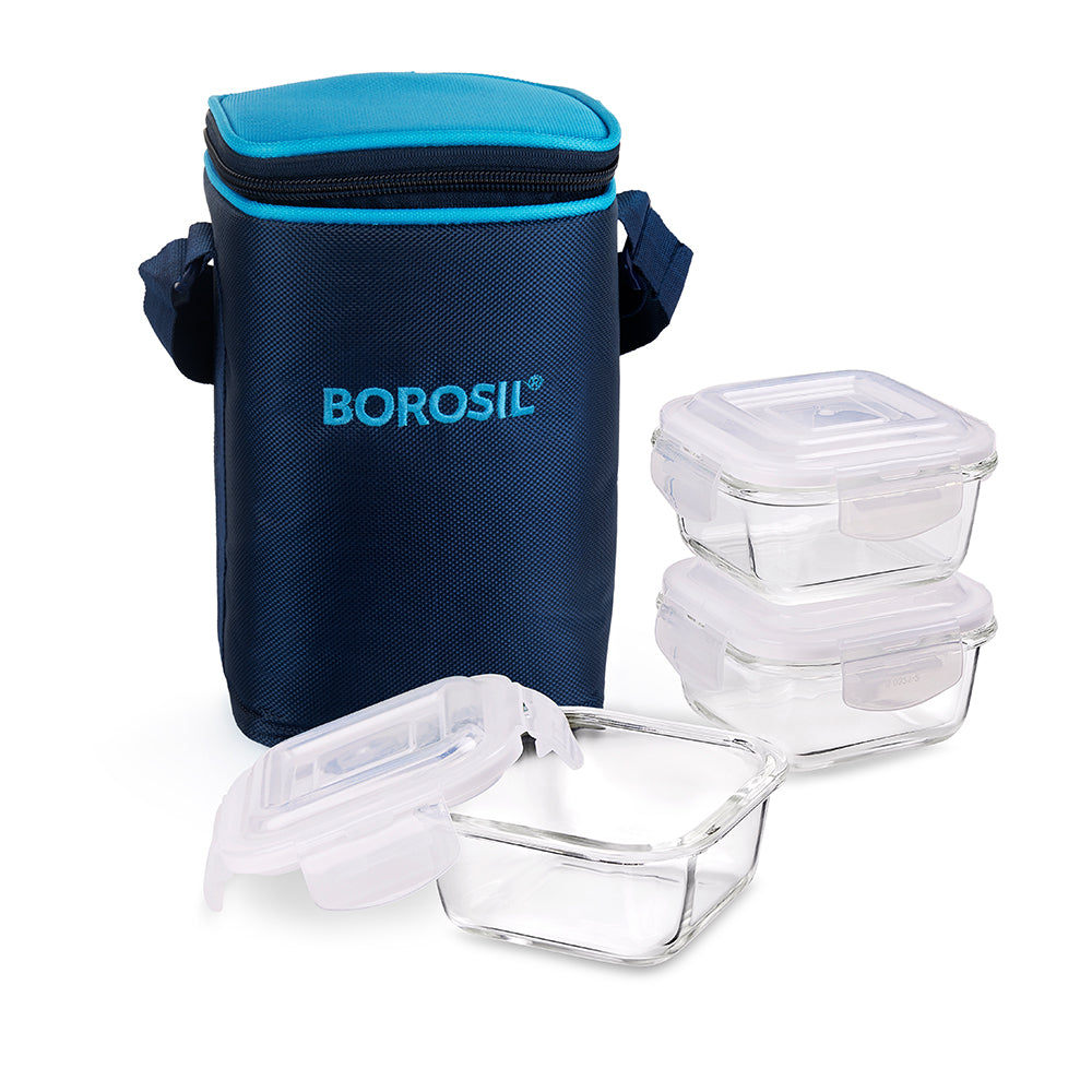 Alfa Blue Glass Lunch Box, Square x 3 (Tall)