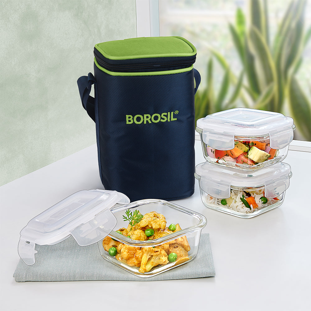 Alfa Green Glass Lunch Box, Square x 3 (Tall)
