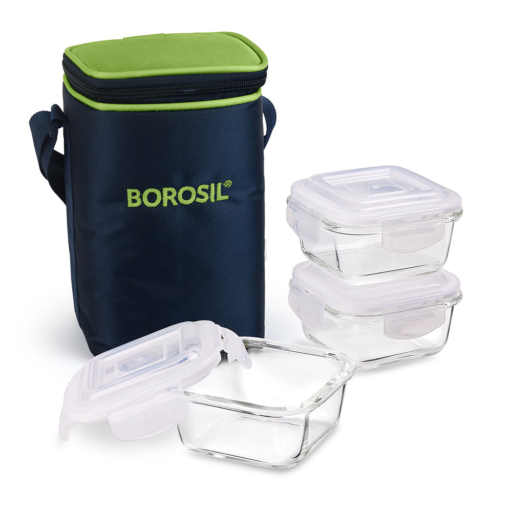 Alfa Green Glass Lunch Box, Square x 3 (Tall)