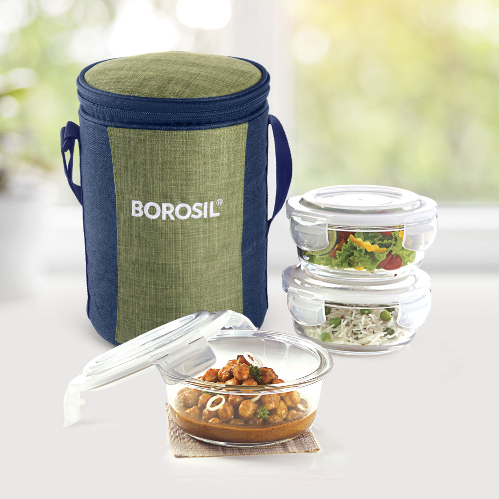 Ace Green Glass Lunch Box, Round x 3 (Tall)