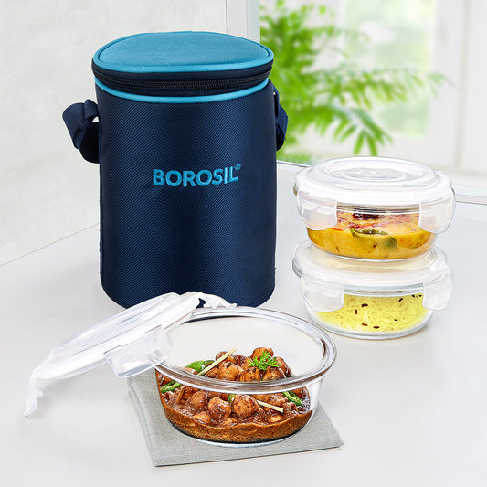 Alfa Blue Glass Lunch Box, Round x 3 (Tall)