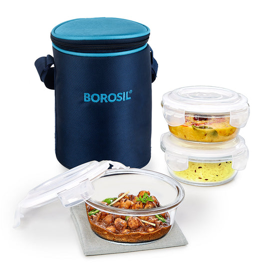 Alfa Blue Glass Lunch Box, Round x 3 (Tall)