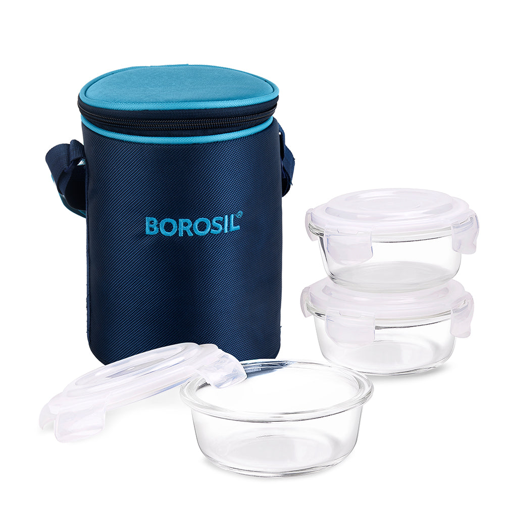 Alfa Blue Glass Lunch Box, Round x 3 (Tall)