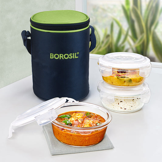 Alfa Green Glass Lunch Box, Round x 3 (Tall)