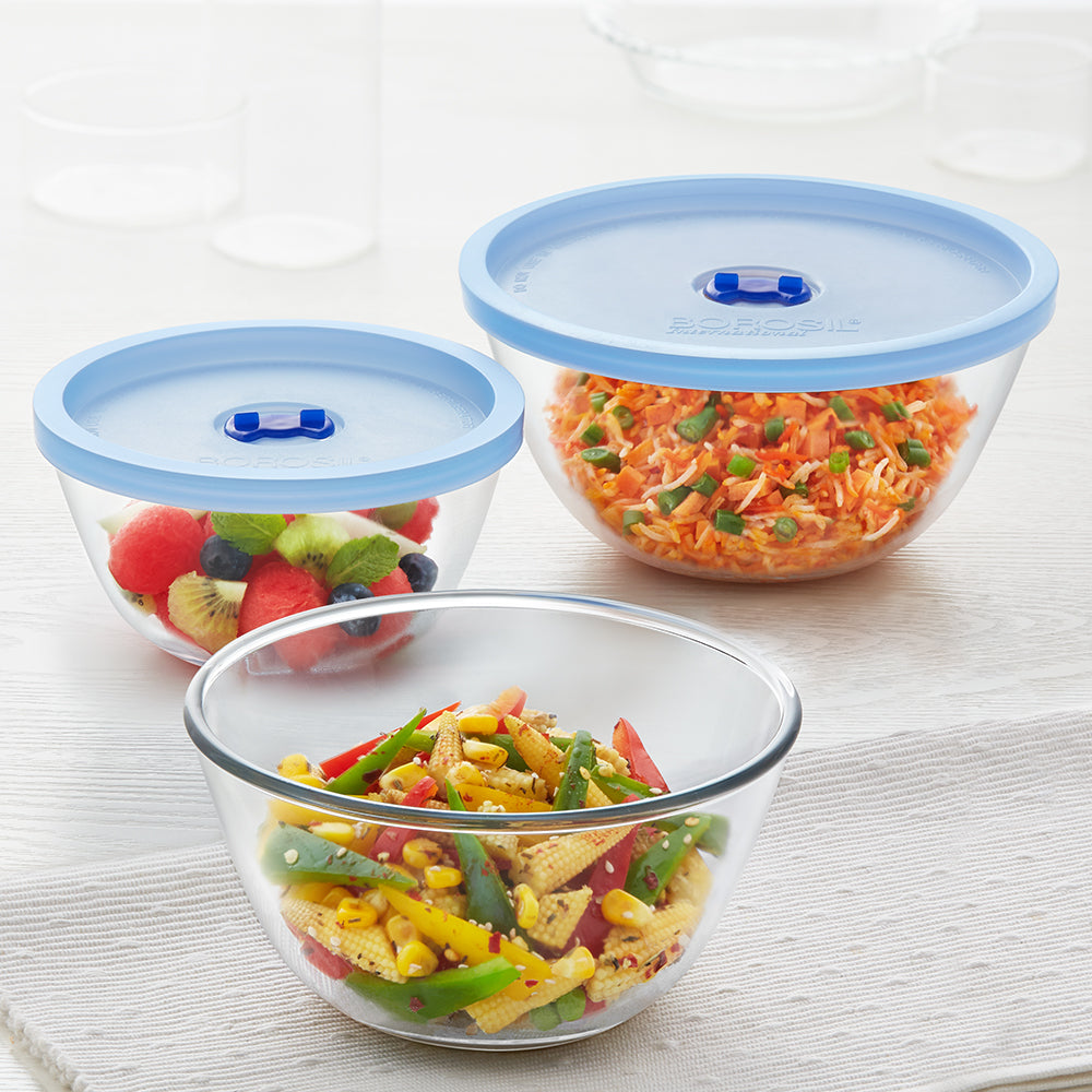 Borosil 2 Bowls w Blue Lid + 1 Bowl w/o Lid