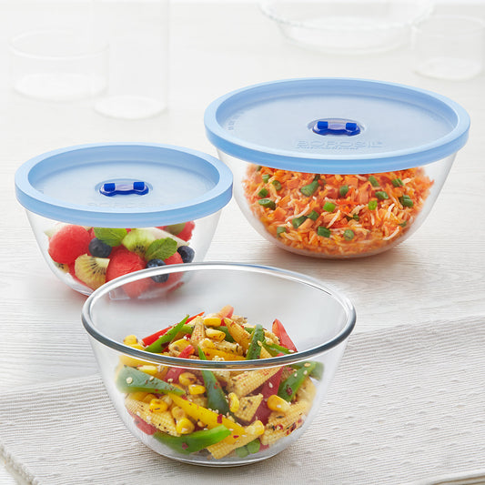 Borosil 2 Bowls w Blue Lid + 1 Bowl w/o Lid