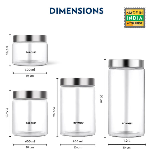 Borosil Borosilicate Set of 12 Endura Jars - Labelled Storage Jars 3 x (300 ml + 600 ml + 900 ml + 1.2 L)
