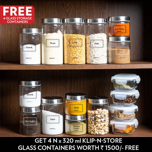 Borosil Borosilicate Set of 12 Endura Jars - Labelled Storage Jars 3 x (300 ml + 600 ml + 900 ml + 1.2 L)