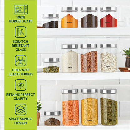 Borosil Borosilicate Set of 12 Endura Jars - Labelled Storage Jars 3 x (300 ml + 600 ml + 900 ml + 1.2 L)