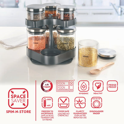 Borosil Borosilicate Glass Storage Jars Spin & Store, Set of 7
