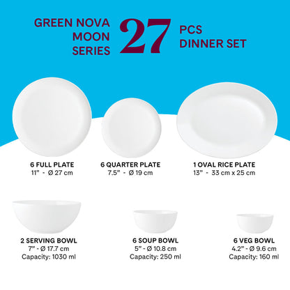 Larah by Borosil, Opalware, Microwave Safe, Green Nova Dinner Set (Serves 4,6,8)
