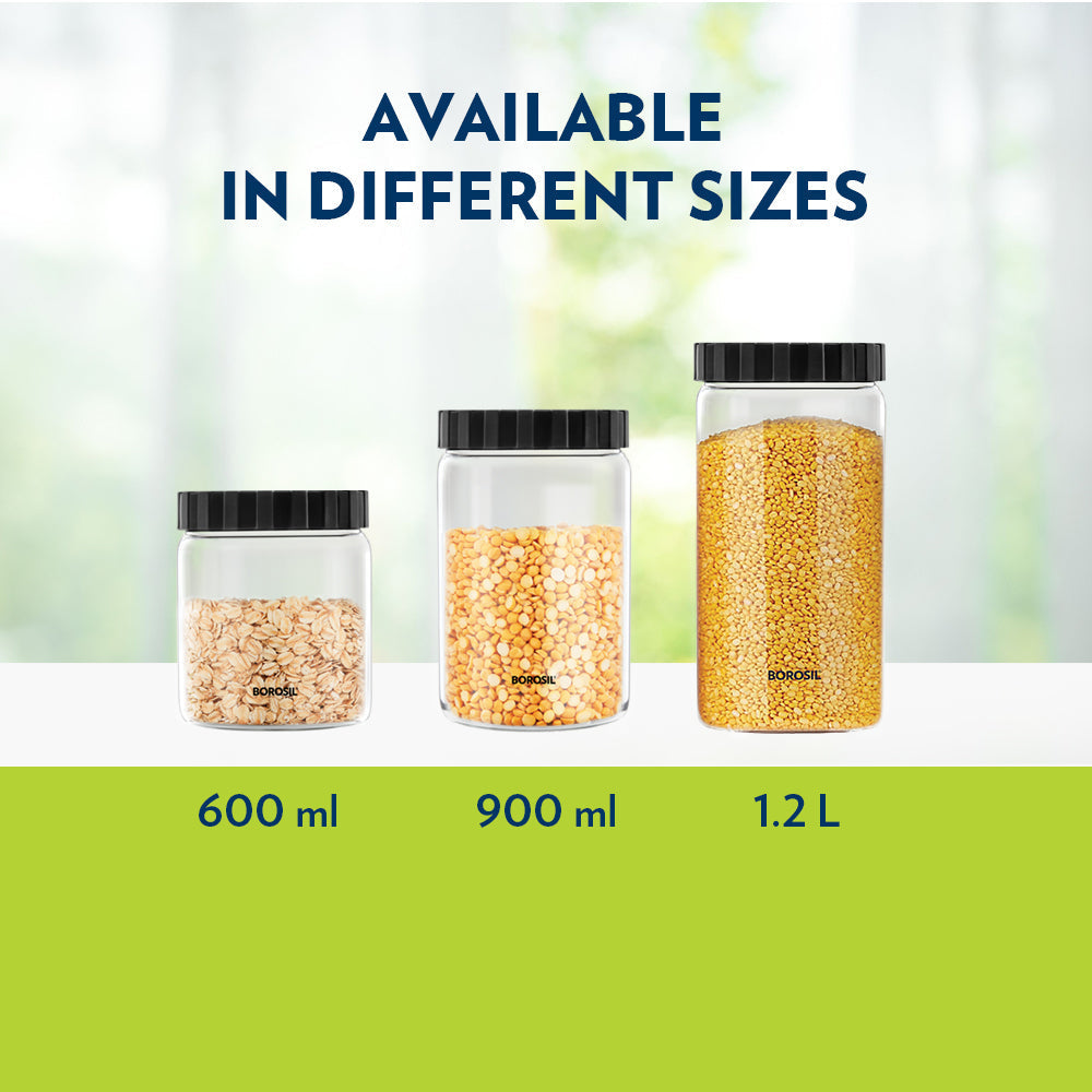 Borosil Endura Airtight Glass Jar, Black Lid
