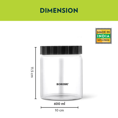 Borosil Endura Airtight Glass Jar, Black Lid