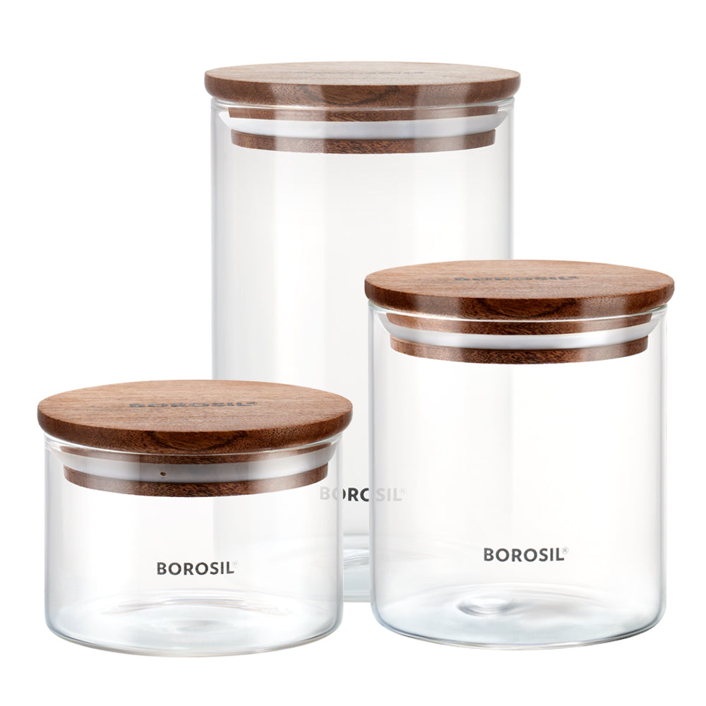 Borosil Classic Jar with Wooden Lid, Set of 3