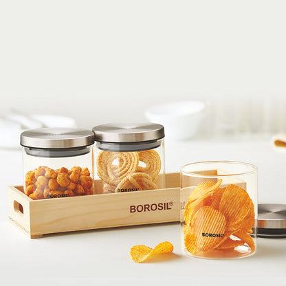 Borosil 3 Classic Jars w Wooden Tray