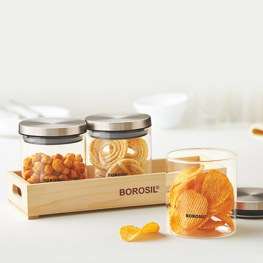 Borosil 3 Classic Jars w Wooden Tray