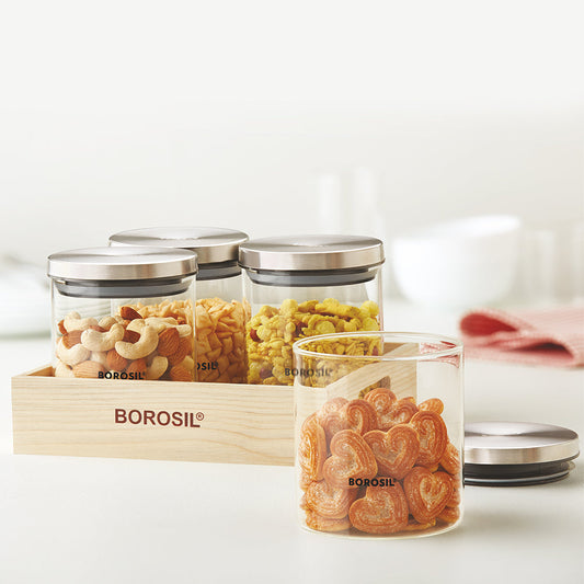 Borosil 4 Classic Jars w Wooden Tray