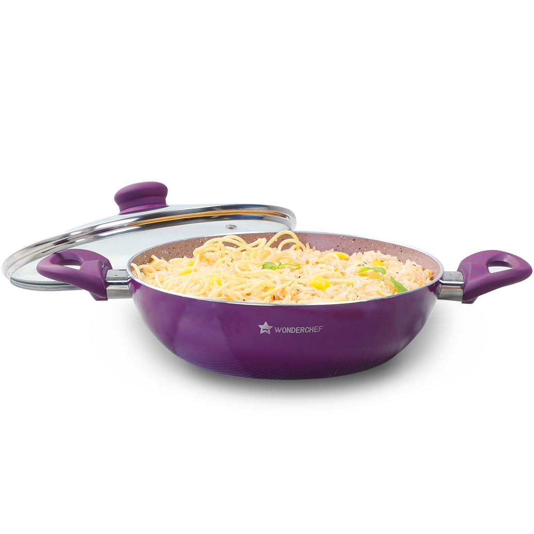Wonderchef Royal Velvet Non-Stick 24cm Kadhai with Lid and Handles | Glass Lid | Induction Ready | Soft-Touch Handles |Non – Toxic I Virgin Aluminium| 3 mm Thick | 2 Year Warranty | Purple