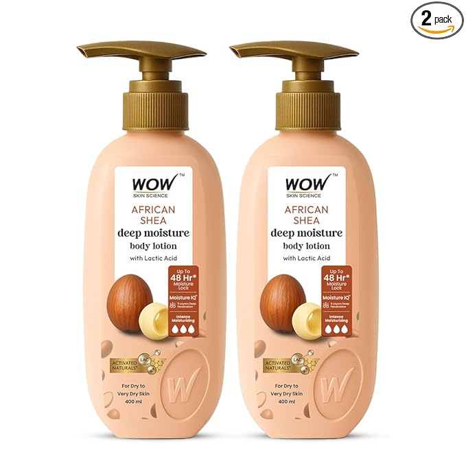 WOW Skin Science Shea Butter & Cocoa Butter Body Lotion with Lactic Acid | Moisture IQ™ Tech for 48HR Hydration | Deep Nourishment & Gentle Exfoliation | For Dry to Very Dry Skin | 400ml x 2 = 800ml
