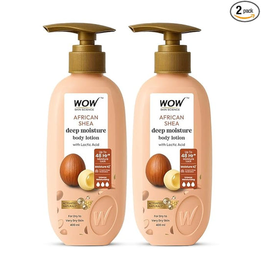 WOW Skin Science Shea Butter & Cocoa Butter Body Lotion with Lactic Acid | Moisture IQ™ Tech for 48HR Hydration | Deep Nourishment & Gentle Exfoliation | For Dry to Very Dry Skin | 400ml x 2 = 800ml